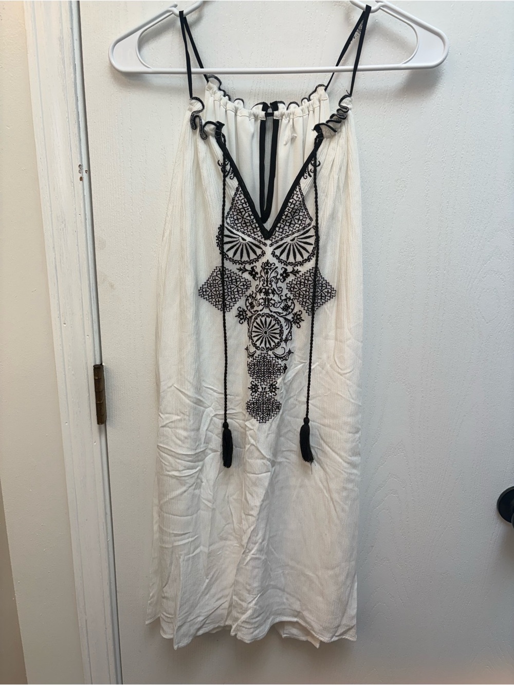 White Embroidered V-Neck Swim Coverup with Black Tassel Detail - boho